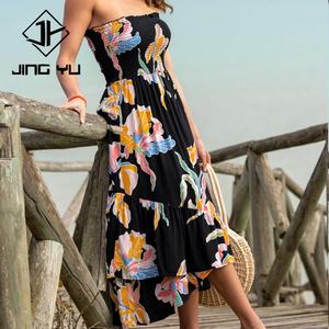 Robe maxi asymétrique plissée sans bretelles à imprimé plage personnalisée OEM, en lin et viscose de haute qualité - Product Image 2