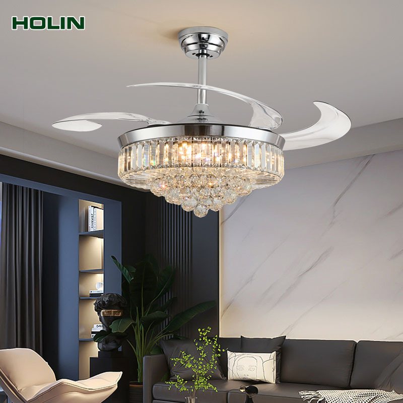 Modern Luxury Crystal LED Ceiling Fan Light Lamp for Home Decor 3-Color Retractable Chandelier for Bedroom