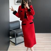 Polyester décontracté automne solide bouton poches col rabattu kaki femmes deux pièces Tweed Midi jupe costume vestes Blazer ensemble