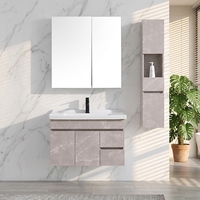 Meuble-lavabo flottant avec vasque en céramique intégrée, mobilier mural moderne en contreplaqué pour projets hôteliers et villas