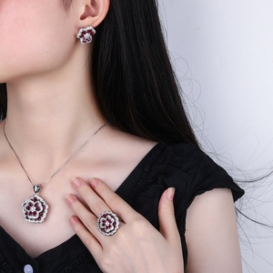 Wholesale Eco-friendly Copper Micro Pave Red Zircon Rose Flower Petal Vintage Fashion Jewelry <b>Set</b> for Women - Product Image 6