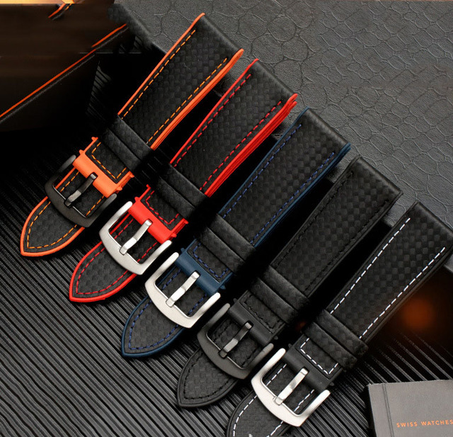 High Grade Carbon Fiber Hybrid Watch Straps Genuine Leather+Waterproof Fkm Rubber Strap Wholesale Custom 18/20/22/24mm
