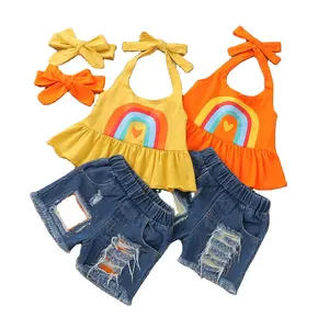 4780 sommer Kinder Baby Mädchen Kleidung Off Schulter Weste Top Zerrissene Löcher Denim Shorts Kinder Kleinkind Outfits Kleidung Set 2021