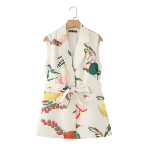 PB&ZA <span class=keywords><strong>Femme</strong></span> Nouvelle Collection Printemps 2026 <span class=keywords><strong>Gilet</strong></span> Chic Sans Manches Imprimé Fruits <span class=keywords><strong>avec</strong></span> <span class=keywords><strong>Ceinture</strong></span> Style Vintage - Product Image 1