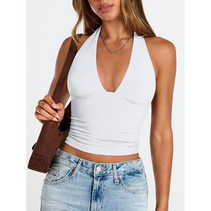 Double Lined Halter <b>Top</b> For Women Deep V Neck Crop <b>Top</b> <b>Backless</b> Bodycon Jersey Summer Teen Party Clubbing - Product Image 2