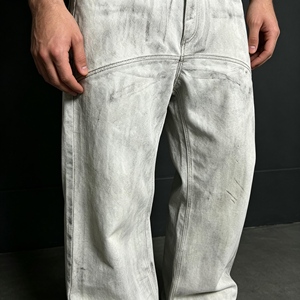 Jeans Larghi da Uomo Effetto Usurato con Macchie d'Olio, Pantaloni in <span class=keywords><strong>Denim</strong></span> Distressed a Gamba Larga, Beige Elasticizzati, Stile Vintage - Product Image 6