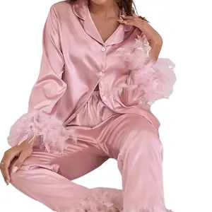 Dames Satijnen Nachthemden Met Turn-Down Kraag Romantische Gevederde Pyjama Zomer Nachtkleding Voor Dames