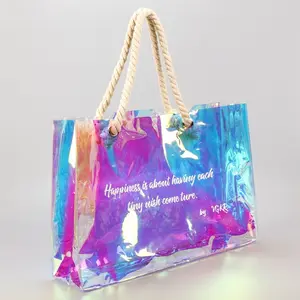 Custom logo PVC holographic iridescent gift shopping beach please tote bag with cotton rope handle