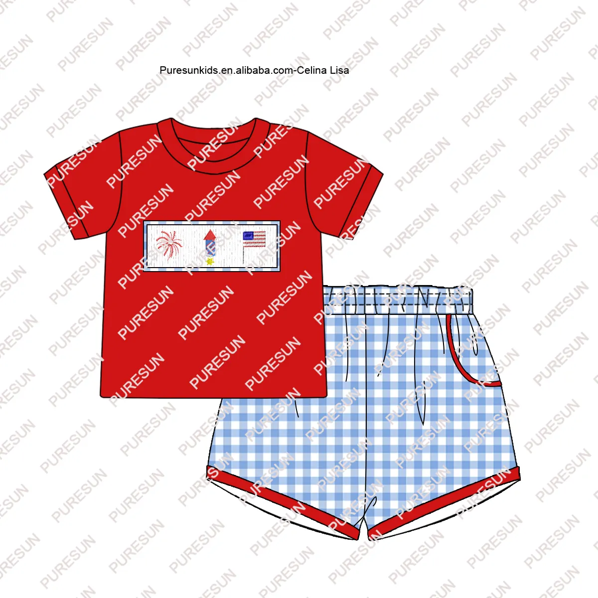 Individueller Patriottag Jungsbekleidung Baby-Jungen-Feuerwerk Smocked-Outfits gestrickt Baumwolle Kleinkind-Jungen-Shorts-Set