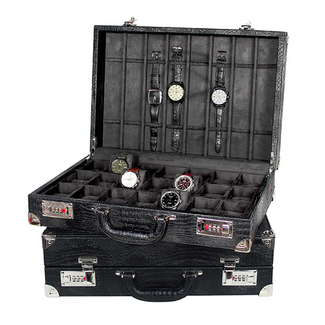 HX High-grade Leather Rectangle Crocodile Print Watch Storage Suitcase Portable Extra Large Password Lock Box