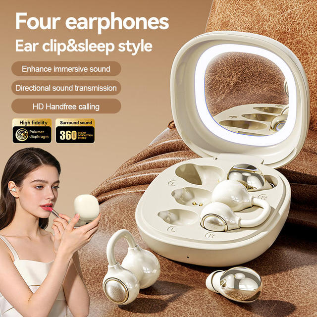 M165 Ear Clip + Mini Sleep Dual Blue Tooth Earphone with Beauty Makeup Mirror & Fill Light Two Pairs Couple TWS Wireless Headset