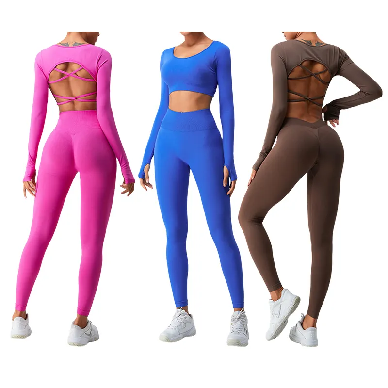 Entrenador Nylon Spandex Para Mulheres V forma de corte Delgado traje deportivo entrenamiento Yoga pantalones conjuntos venta al por mayor sin costuras chica Scrunch Leggings