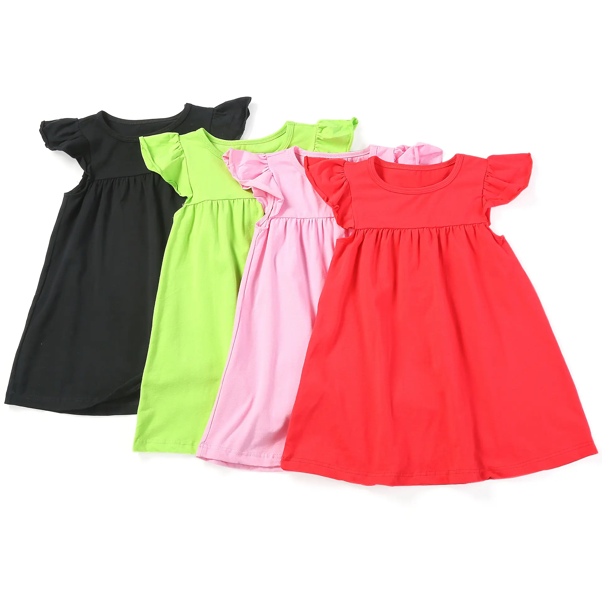 Butik pakaian anak perempuan, baju katun bayi rok Suspender Solid, baju anak perempuan kasual lengan Cerah musim panas