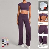 Ensemble de yoga léger et uni pour femme, deux pièces : T-shirt court à manches courtes et dos évidé, et pantalon large taille haute coupe ample en nylon
