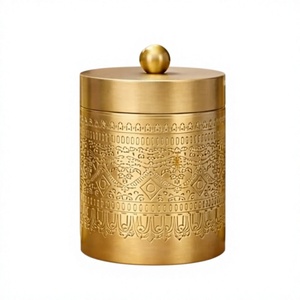 Boîte de rangement en métal gaufré finition or avec couvercle, récipient décoratif de cuisine, pot à motif floral vintage - Product Image 1