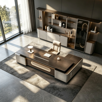 Bureau de direction moderne de luxe pour PDG, grand bureau en forme de L en bois avec éclairage LED et armoire de rangement