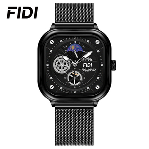FIDI – montre mécanique automatique pour hommes, boîtier carré argenté, bracelet en maille, phase solaire, cadran multi-squelette, résistante à l'eau, à la mode - Product Image 2