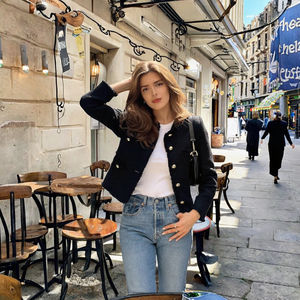 แจ็คเก็ตแขนยาววินเทจของผู้หญิงในฤดูใบไม้ร่วงเสื้อนอกหรูหราคอกลมกระดุมเดียวหน้าอกเดี่ยวเสื้อแจ็คเก็ตสั้นกระเป๋าที่สง่างาม - Product Image 3