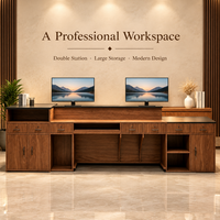 Comptoir d'accueil élégant pour salon, panneau en pierre décoratif et éclairage d'ambiance LED inférieur, table de réception commerciale avec logo personnalisé