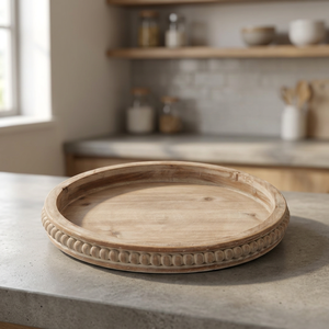Bandeja Decorativa Redonda Rústica de Madera Maciza, Tallada y Grabada con Cuentas, Plato Multifuncional para Servir, Decoración Navideña para Mesa de Cocina - Product Image 3