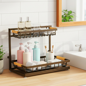 Étagère de rangement en fil métallique à double couche extractible sous l'évier, durable et facile d'accès, pour l'organisation de la cuisine - Product Image 5