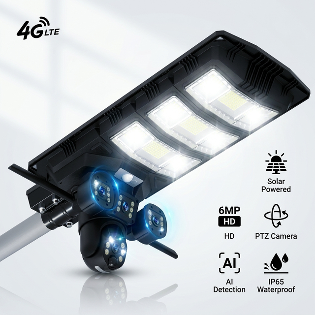 4G WiFi Solar CCTV Street Light Dual PTZ Camera 6MP AI Motion Detection IP65 Outdoor Security Camera System