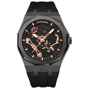 Pintime sang trọng thạch anh Đồng hồ cho nam giới Hollow ra quay số thiết kế kinh doanh Mens Đồng hồ đeo tay hợp kim trường hợp Silicone ban nhạc người đàn ông Đồng hồ - Product Image 3