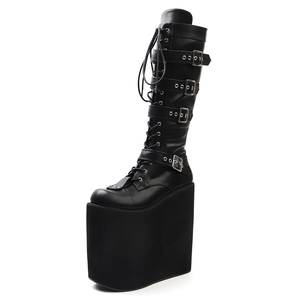 20CM <strong>Punk</strong> Round-Toe Platform High Heel Queen Shoes Lace-Up Mid Calf <strong>Boots</strong> - Product Image 2