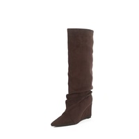Bottes d'équitation montantes en cuir véritable à bout pointu et talon compensé pour l'hiver