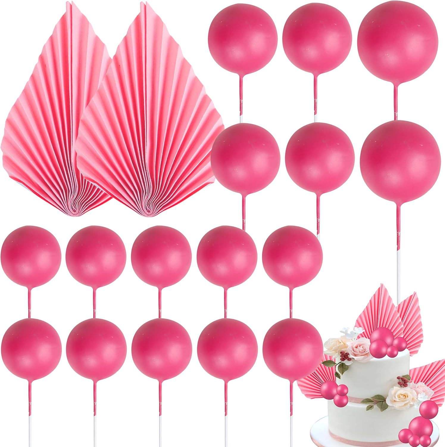 Ensemble de 20 éventails en papier avec boules en mousse rose.