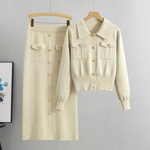 Meilleure vente femmes automne hiver ensemble simple boutonnage doux tricoté pull col rabattu poche personnalisé tricoté robe femmes - Product Image 6