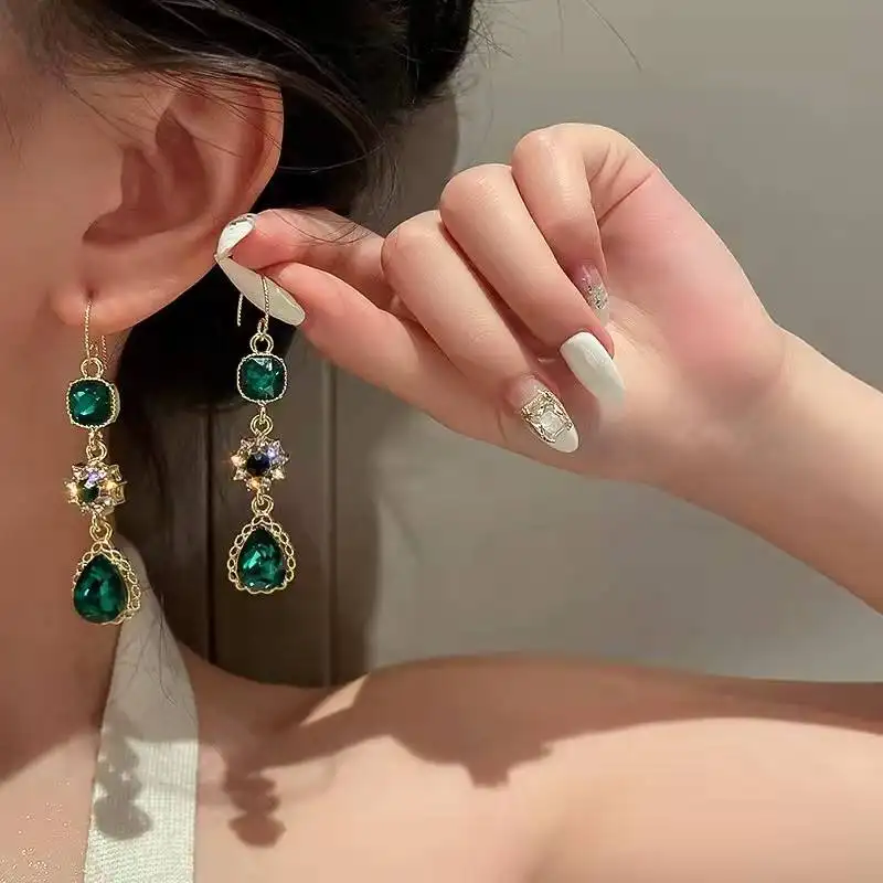 Discover Weekly Spotify 2022 earring trends Long tassel Emerald green crystal unique gold hoop bridal gemstone earrings jewelry