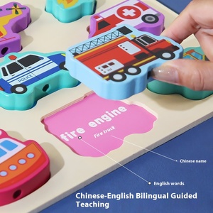 Jeu éducatif de bureau en bois : Puzzle à emboîter multiformes et blocs à enfiler, jouet d'association bilingue chinois-anglais - Product Image 2