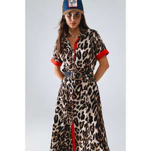 Robe maxi à boutons imprimé léopard avec détails rouges - Product Image 5