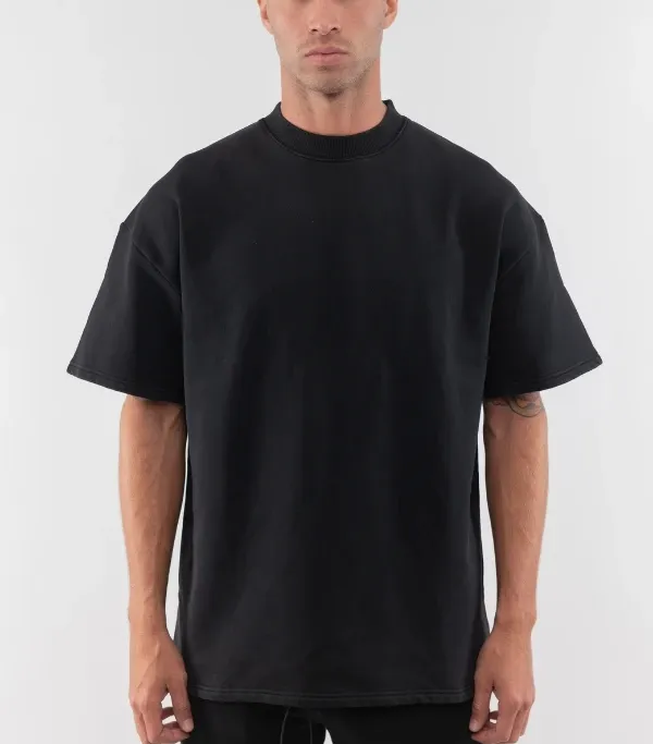 Yali Groothandel Custom Logo 300 Gsm Oversized Zwart Tshirt Zwaargewicht Heren T-Shirt 100% Katoen Zwaargewicht Poff Print T-Shirt