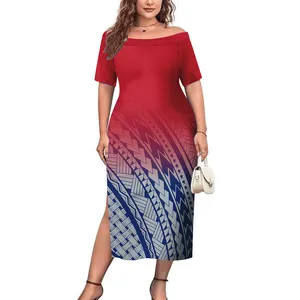 Lage Prijs Groothandel Custom Tie Dye Polynesische Samoa Tribal Design Split Midi Jurk Dames Off Shoulder Nauwsluitende Prom Jurken