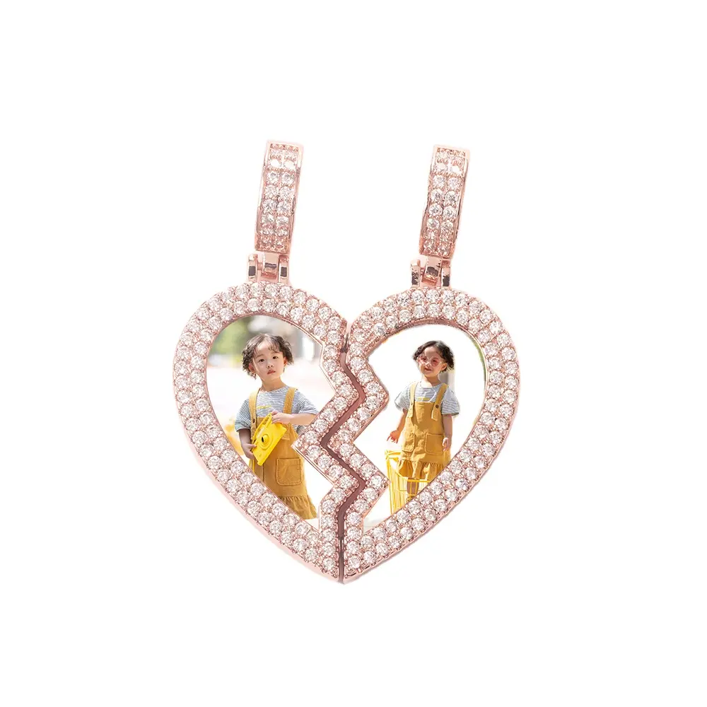 Bling Heart Custom Picture Pendant Necklace Jewelry Broken Heart Couples Photo Iced Out Pendant Love Couples Pendant Necklace