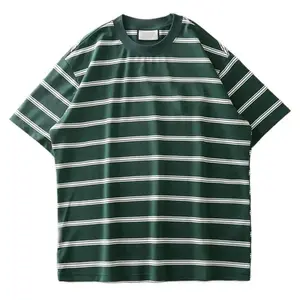 Men's Summer Wear Striped T-shirt 260gsm Basic Cotton Retro Round Neck Oversize T-shirt