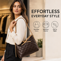 Tas Hobo Wanita Model Quilted, Bahan Kulit Cokelat, Cocok untuk Musim Panas, Dingin, dan Gugur, Dilengkapi Pita, Tali Selempang, dan Ritsleting, Warna Emas