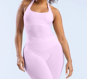 2ピースインパクトスポーツセット女性用バックレスホルタートップスハイウエストシームレスストレッチショーツジムスーツスポーツウェアワークアウトセット - Product Image 6