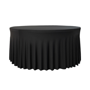 Housse de table ronde en spandex noir plissée avec jupe plissée et volants, ajustée pour mariage, banquet, hôtel, événement - Product Image 1