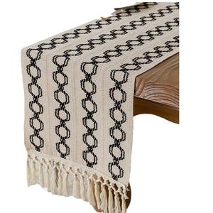 Chemin de table rectangulaire en coton et lin, brodé, à rayures et motifs géométriques, décoration d'intérieur, lavable en machine et à la main - Product Image 2