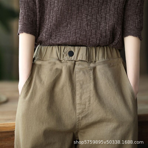 Women's Cotton Casual Pants Khaki <b>Elastic</b> Waist Harem Style Cropped Fit Solid Color Pocket Design Spring Autumn Wear - Product Image 4