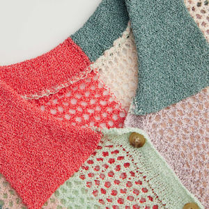 Camiseta de punto a rayas con botones y solapa, holgada, de color contrastante, de manga corta, estilo crochet, para mujer, al por mayor - Product Image 5