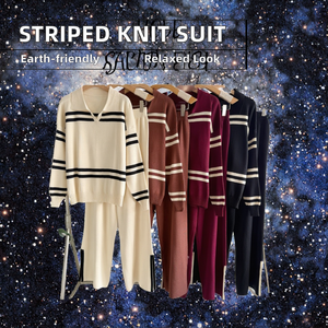 Casual Contrasting Striped Lapel Women's Knitted Sweater <b>Suit</b> Autumn Plain Dyed <b>Button</b> Loose Fit Breathable Eco-Friendly 2-Piece - Product Image 2