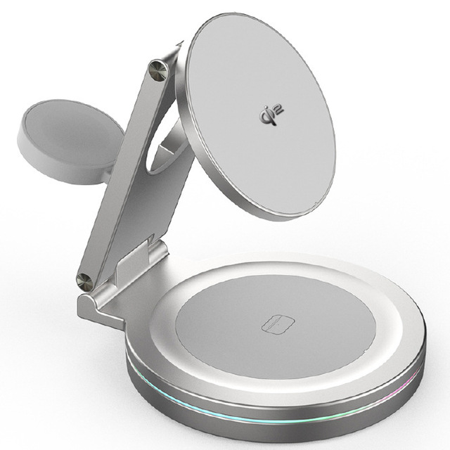 3-in-1 Wireless Charger New 360 Rotary Stand Smart Fast Charging 15W Aluminum Alloy Magnetic Foldable ROHS Certified for