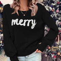 Pull de Noël personnalisé pour femme, rouge, imprimé lettres joyeuses, tricoté, ample, manches longues, pour les fêtes