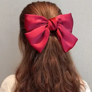 Girls cute big bow pure color satin silk hair clips women back head spring clips