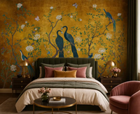 Papier peint vintage doré, papier peint à motif de paon, de pivoine et de fleurs, papier peint chinoiserie pour chambre à coucher, entrée, décoration murale