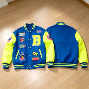 <span class=keywords><strong>Veste</strong></span> universitaire pour <span class=keywords><strong>femme</strong></span> <span class=keywords><strong>bleu</strong></span> néon jaune avec multiples patchs, manches en similicuir chenille, mélange de laine, style Letterman - Product Image 1